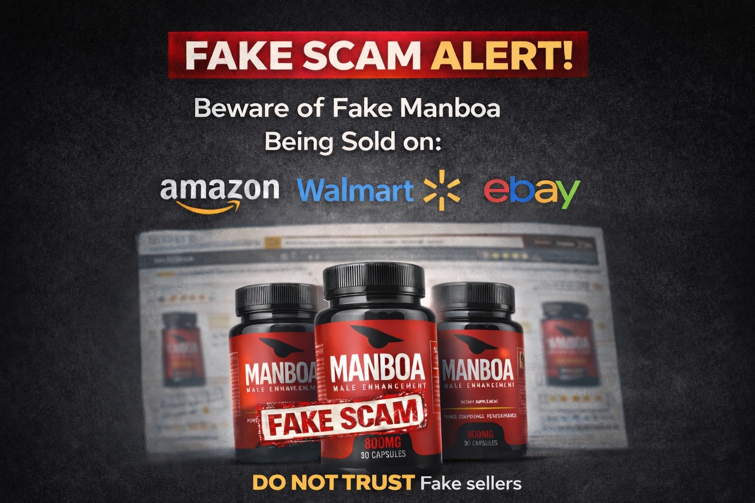 Warning image about fake Manboa listings on third-party marketplaces