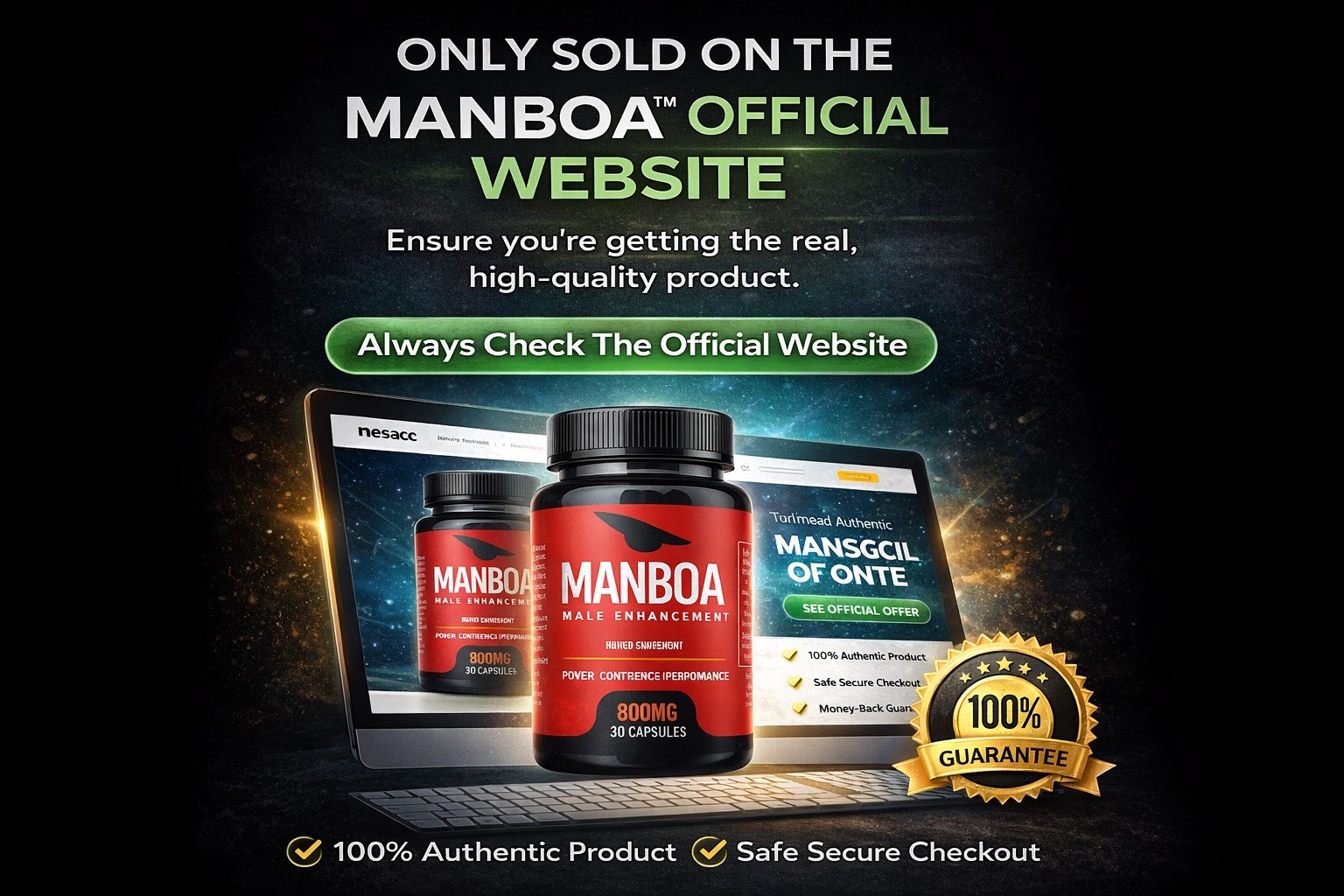 Promotional image stating Manboa is sold on the official website